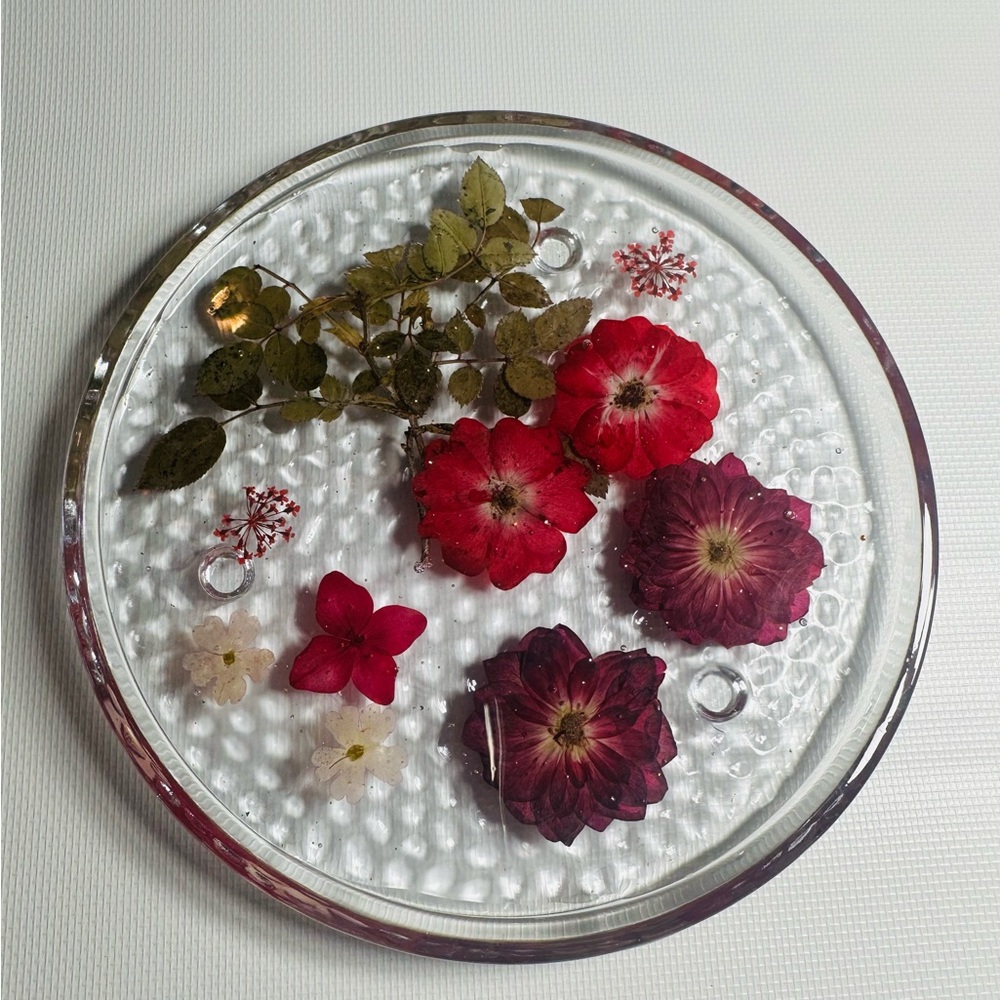 Hand Crafted Floral Glass & Resin with Red and Green Accents